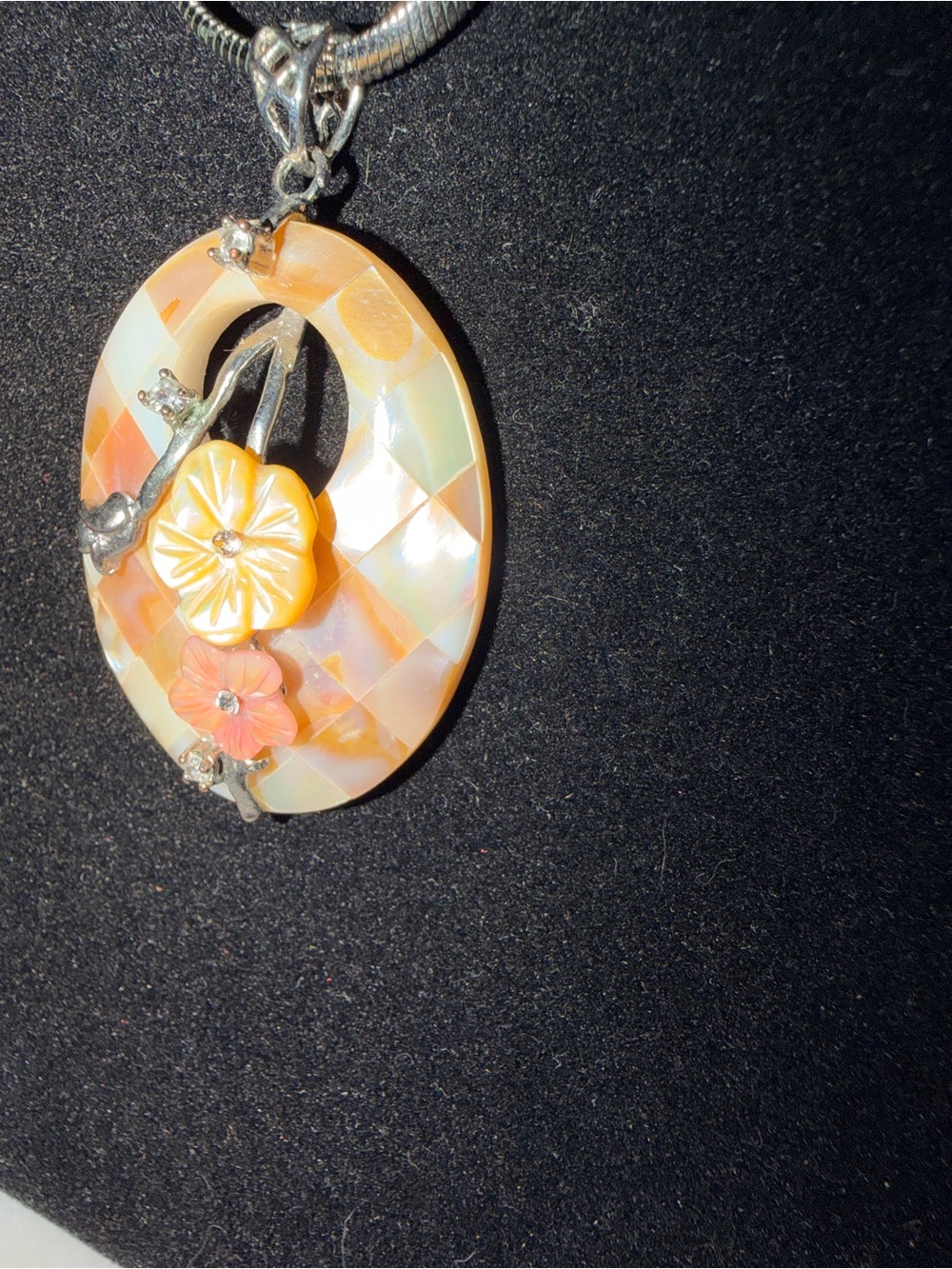 Mosaic Mother-of-Pearl Floral Pendant Necklace with Two-Tone Flower Accents - Picture 5 of 11